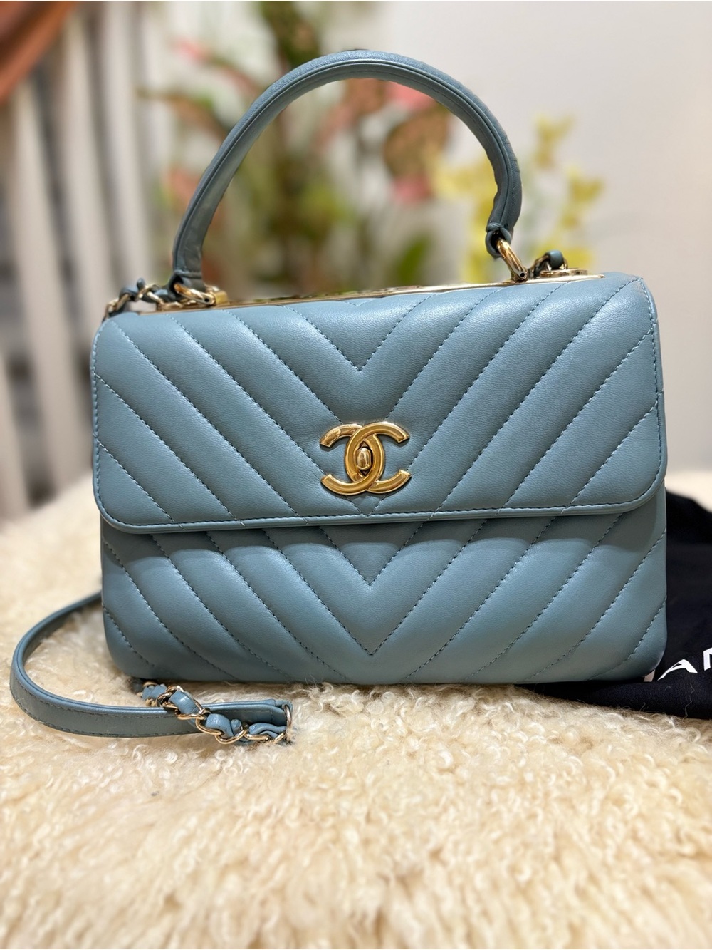 CHANEL Medium Trendy Chain CC Flap Bag Light Blue Chevron Quilted Gold Hardware